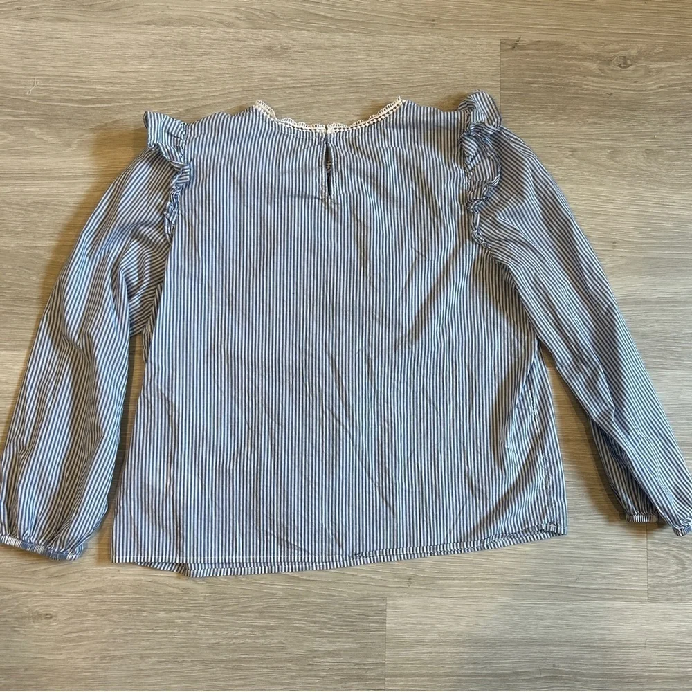 J. Crew Women's Blue and White Long Sleeve Cotton Top - Large